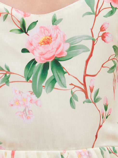 Vastramay Girl's Light Yellow Floral Print Anarkali With Pink Dupatta