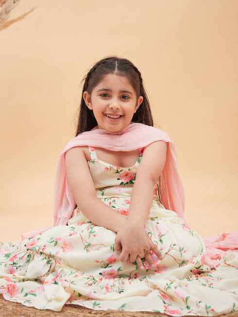 Vastramay Girl's Light Yellow Floral Print Anarkali With Pink Dupatta