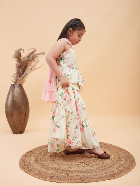 Vastramay Girl's Light Yellow Floral Print Anarkali With Pink Dupatta