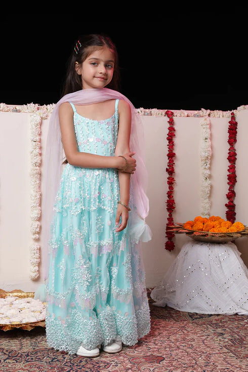 VASTRAMAY Girls' Embroidered Sequins Net Long Anarkali Dress With Dupatta