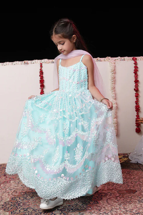 VASTRAMAY Girls' Embroidered Sequins Net Long Anarkali Dress With Dupatta