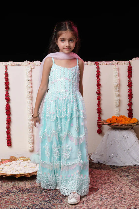 VASTRAMAY Girls' Embroidered Sequins Net Long Anarkali Dress With Dupatta