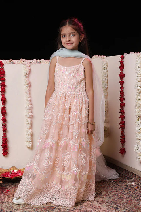 VASTRAMAY Girls' Peach Embroidered Sequins Net Long Anarkali Dress With Dupatta
