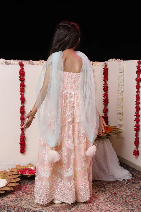 VASTRAMAY Girls' Peach Embroidered Sequins Net Long Anarkali Dress With Dupatta