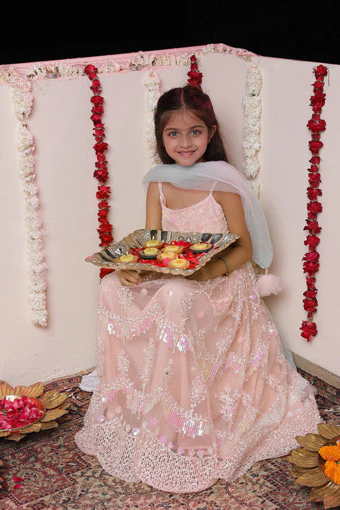 VASTRAMAY Girls' Peach Embroidered Sequins Net Long Anarkali Dress With Dupatta