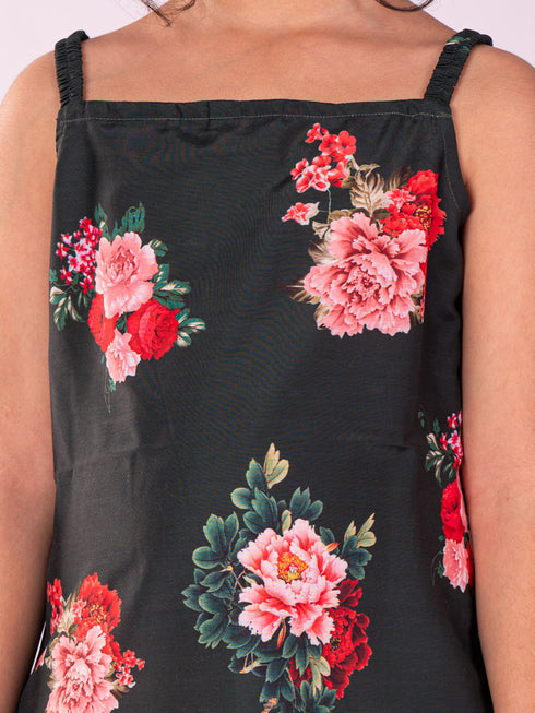 Vastramay Girl's Floral Printed Cotton Silk Kurta And Tulip Pant Set