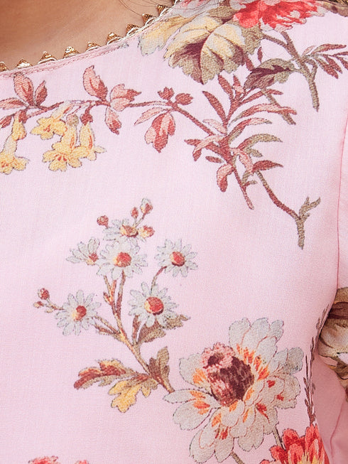 Vastramay Pink Cotton Blend Floral Print Kurta Pyjama Sibling Set