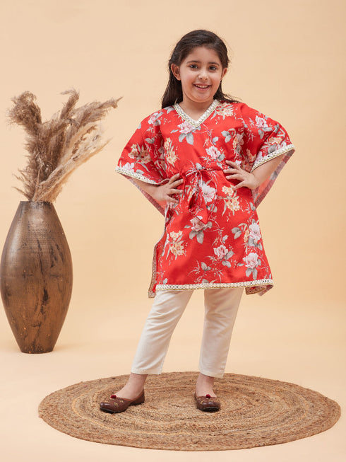 Vastramay Girls Red Floral Printed Kaftan Kurta With Cream Pant Set