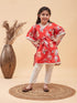 Vastramay Girls Red Floral Printed Kaftan Kurta With Cream Pant Set