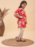 Vastramay Girls Red Floral Printed Kaftan Kurta With Cream Pant Set
