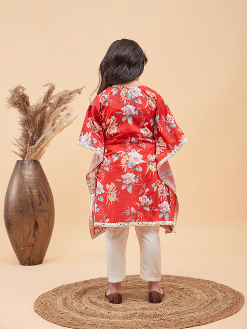 Vastramay Girls Red Floral Printed Kaftan Kurta With Cream Pant Set