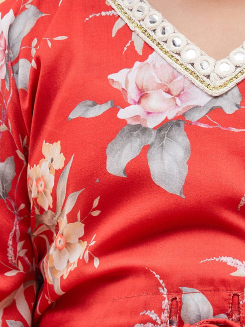 Vastramay Girls Red Floral Printed Kaftan Kurta With Cream Pant Set