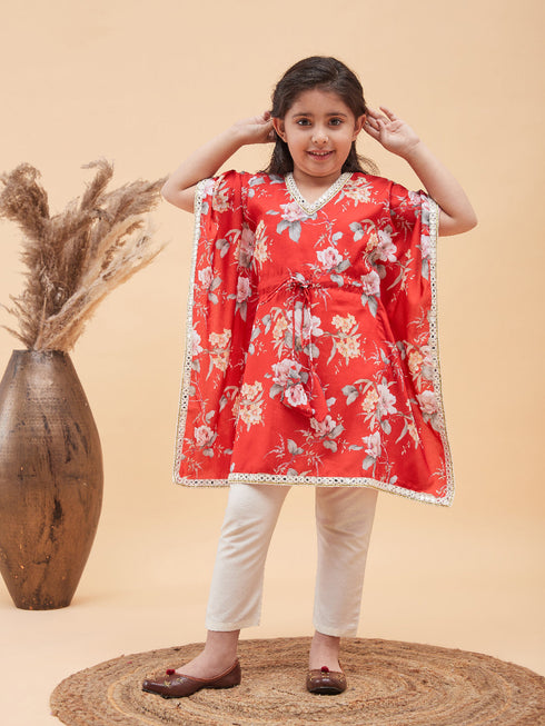 Vastramay Red Cotton Blend Floral Print Kurta Pyjama Sibling Set