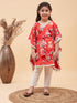 Vastramay Girls Red Floral Printed Kaftan Kurta With Cream Pant Set