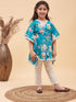 Vastramay Girls Turquoise Blue Floral Printed Kaftan Kurta With Cream Pant Set