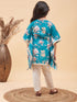 Vastramay Girls Turquoise Blue Floral Printed Kaftan Kurta With Cream Pant Set