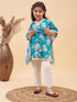 Vastramay Girls Turquoise Blue Floral Printed Kaftan Kurta With Cream Pant Set