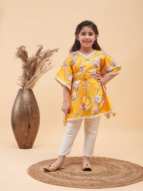Vastramay Girls Yellow Floral Printed Kaftan Kurta With Cream Pant Set
