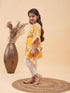 Vastramay Girls Yellow Floral Printed Kaftan Kurta With Cream Pant Set