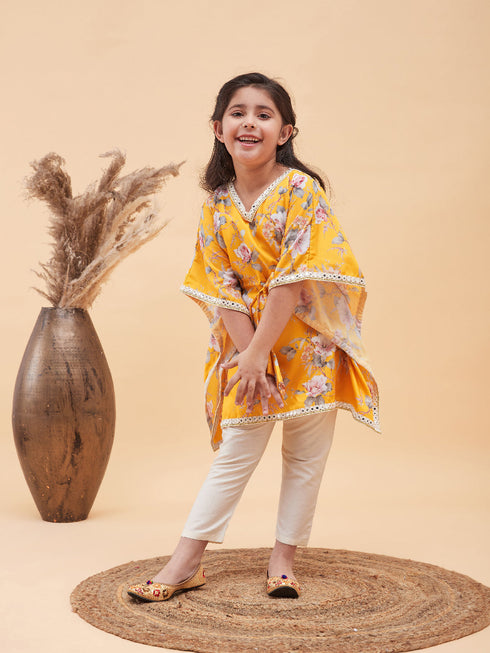 Vastramay Girls Yellow Floral Printed Kaftan Kurta With Cream Pant Set