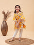 Vastramay Girls Yellow Floral Printed Kaftan Kurta With Cream Pant Set