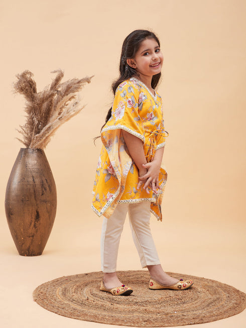 Vastramay Girls Yellow Floral Printed Kaftan Kurta With Cream Pant Set