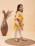 Vastramay Girls Yellow Floral Printed Kaftan Kurta With Cream Pant Set
