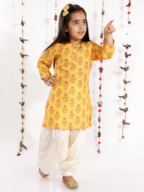 Vastramay Girls' Mustard And Cream Linen Kurta And Patiala Set