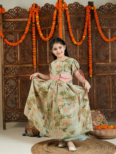 Vastramay Girl's Green Ethnic Printed Long Dress