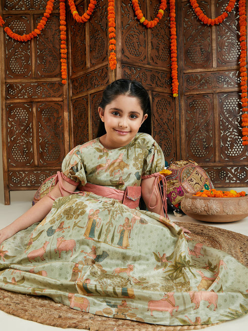 Vastramay Girl's Green Ethnic Printed Long Dress