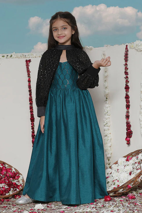 VASTRAMAY Girls' Green Sequinced Long dress With detachable Cuff Sleeves