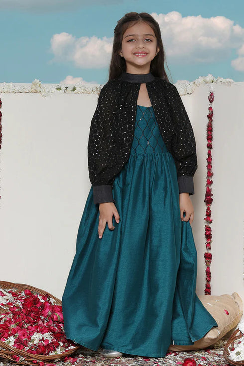 VASTRAMAY Girls' Green Sequinced Long dress With detachable Cuff Sleeves