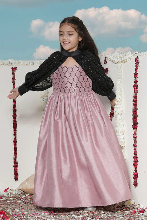 VASTRAMAY Girls' Pink Sequinced Long dress With detachable Cuff Sleeves