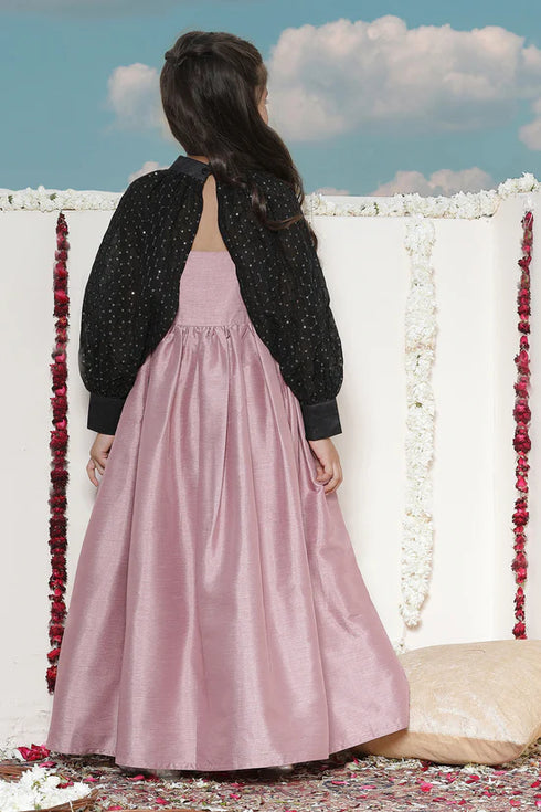 VASTRAMAY Girls' Pink Sequinced Long dress With detachable Cuff Sleeves