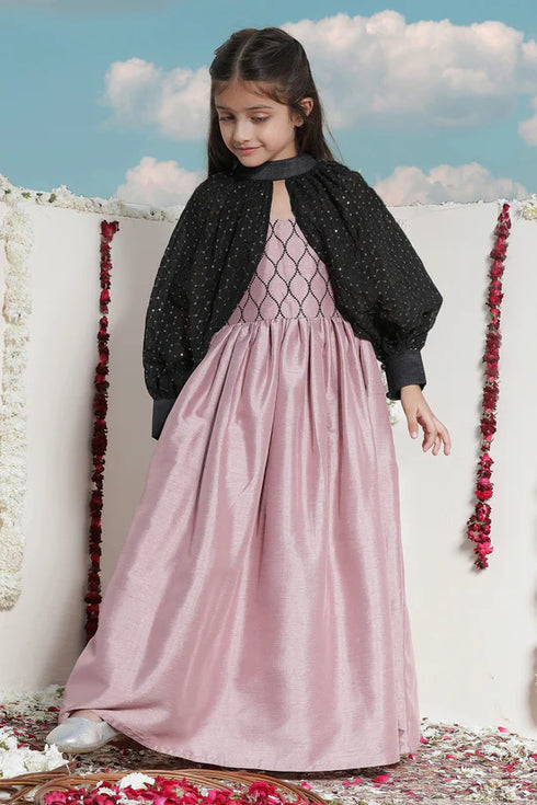 VASTRAMAY Girls' Pink Sequinced Long dress With detachable Cuff Sleeves