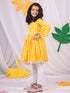 Vastramay Girl's Yellow Printed Ruffle Kurta With Leggings Set