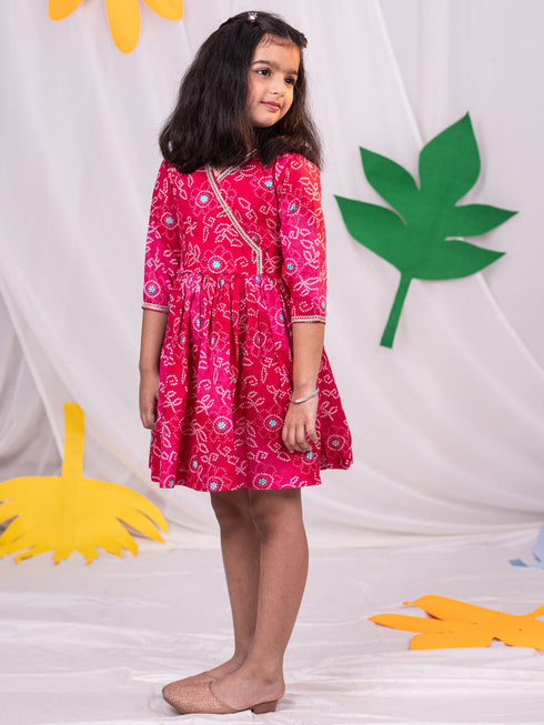 Vastramay Girls' Pink Color Bandhnai Print Angrakha Style Dress