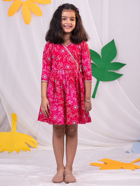 Vastramay Girls' Pink Color Bandhnai Print Angrakha Style Dress