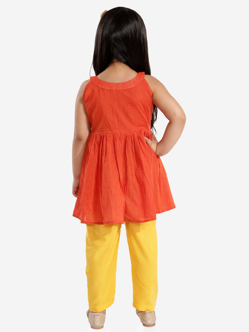 Vastramay Orange Handloom Cotton Striped Siblings Set