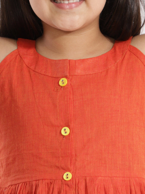 Vastramay Orange Handloom Cotton Striped Siblings Set