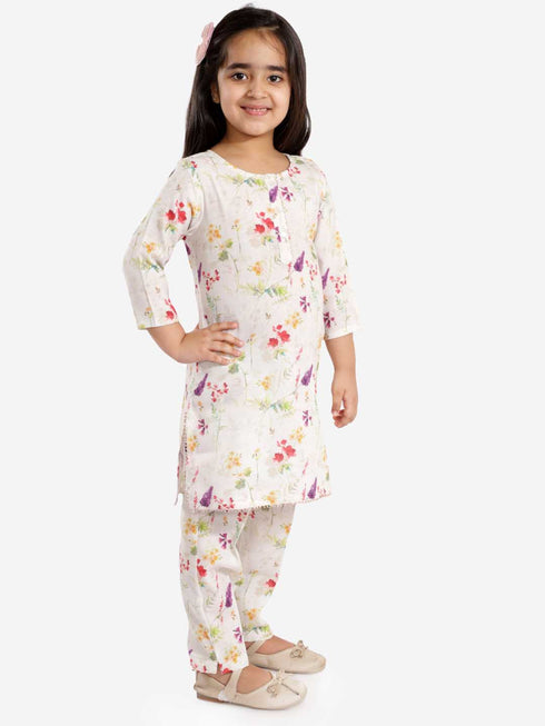 Vastramay Girls' Multicolor-Base Cream Kurta Pant set