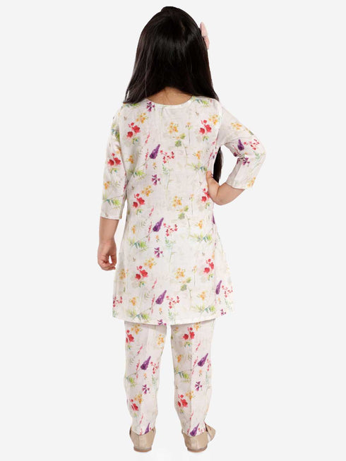 Vastramay Girls' Multicolor-Base Cream Kurta Pant set