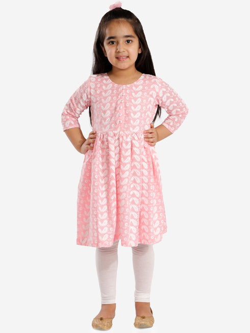 Vastramay Girls' Pink Pure Cotton Chikankari Kurta With Leggings