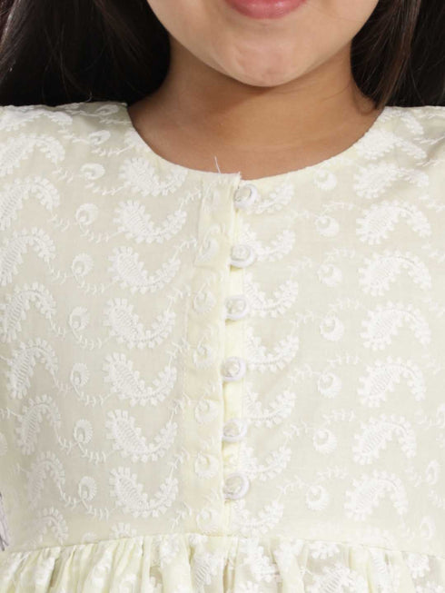 Vastramay Girls' Yellow Pure Cotton Chikankari Kurta With Leggings