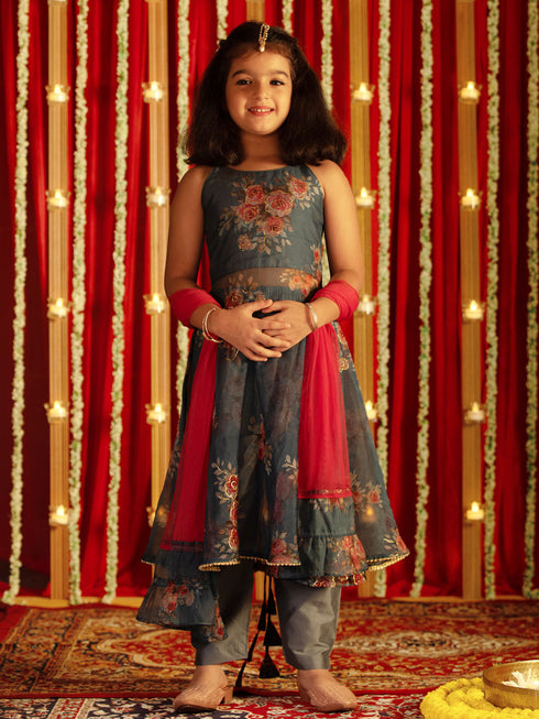 Vastramay Girls' Grey Floral Printed Anarkali And Pyjama With Ruffled Dupatta Set