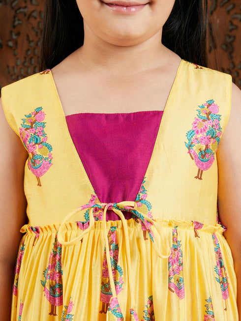 Vastramay Girls' Yellow And Pink Ethnic Kurta Pant Set