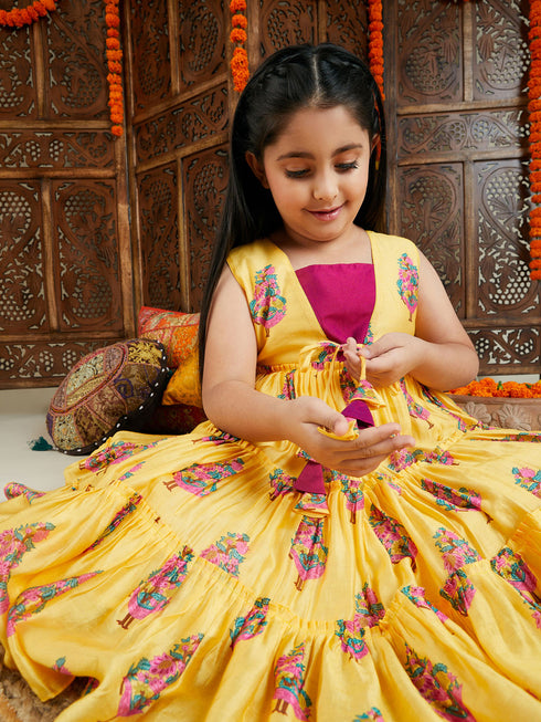Vastramay Girls' Yellow And Pink Ethnic Kurta Pant Set