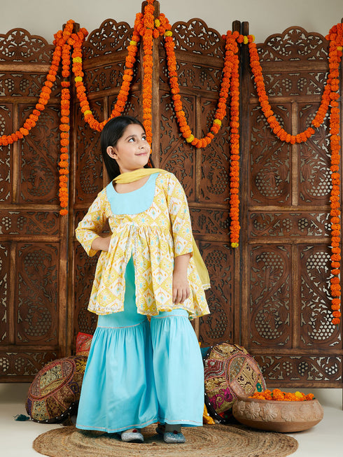 VASTRAMAY Yellow Ikkat Print Cotton Kurta Pyjama Sibling Set