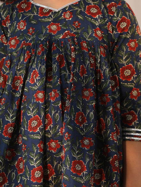 Vastramay Girl's Navy Blue and Rust Kurta Palazzo Set