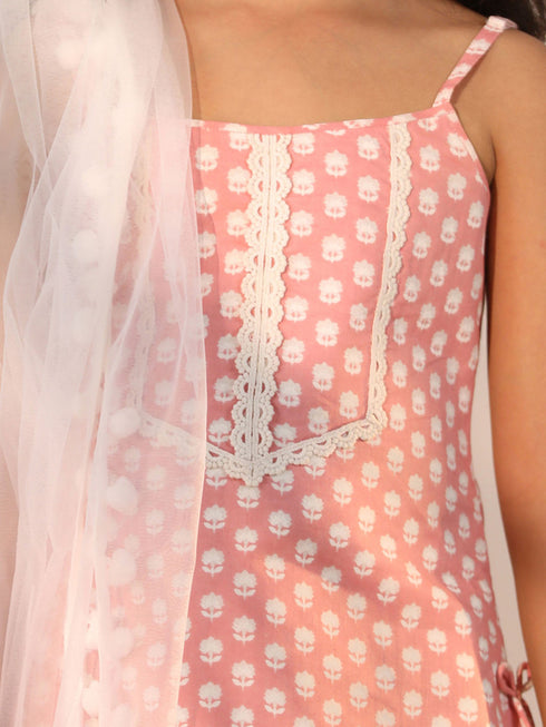 Vastramay Girl's Pink and White Kurta, Sharara and Dupatta Set